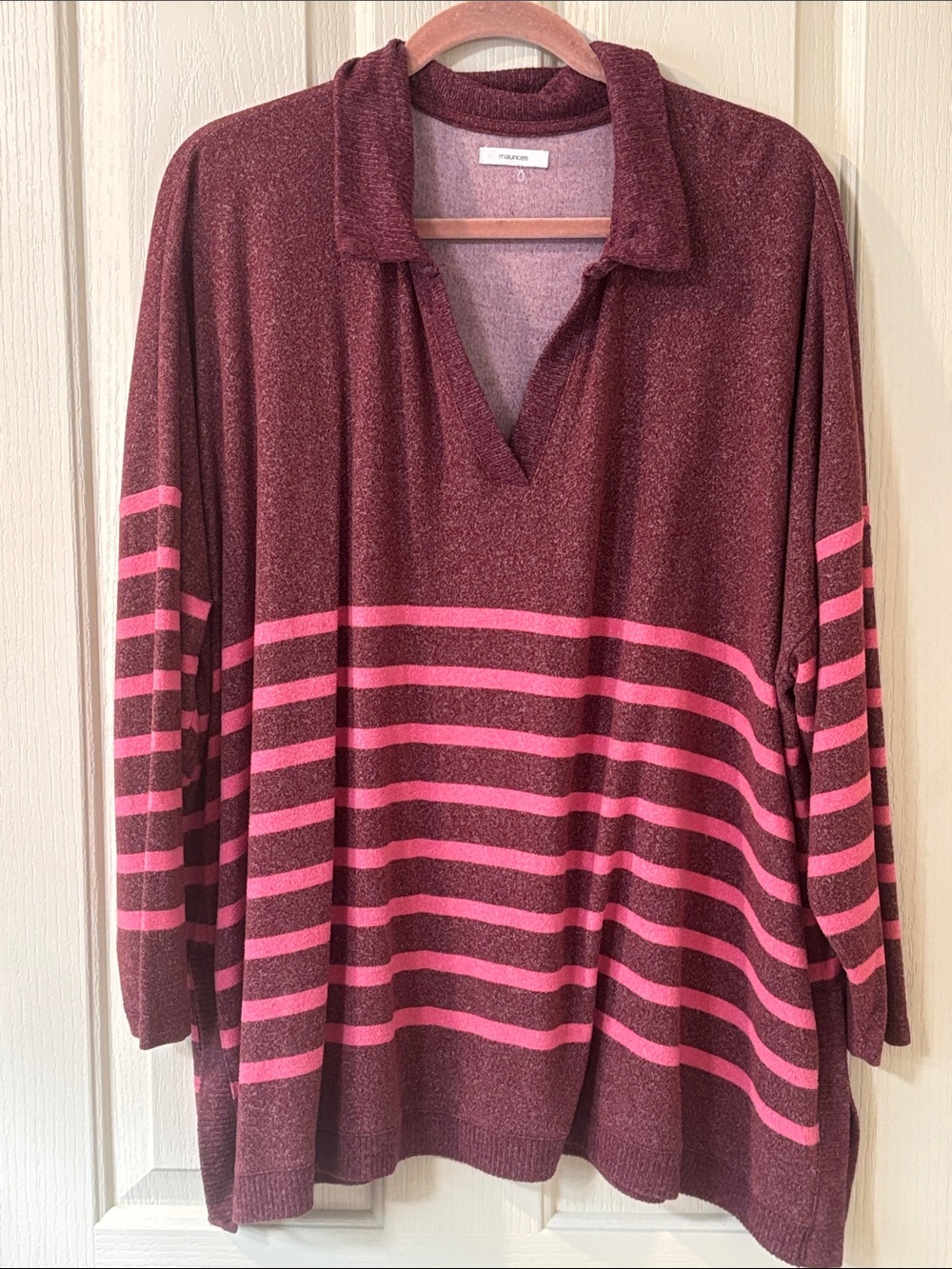 Maurices Burgundy and Pink Striped Collared Pullover
